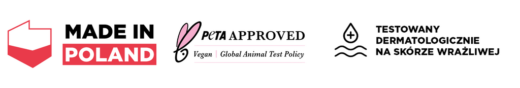 Logo Peta Approved Vegan Global test policy znaczek made in poland i testowany dermatologicznie na skórze wrażliwej